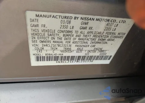 2008 Nissan Altima Hybrid from USA, damaged, VIN 1N4CL21E78C231536